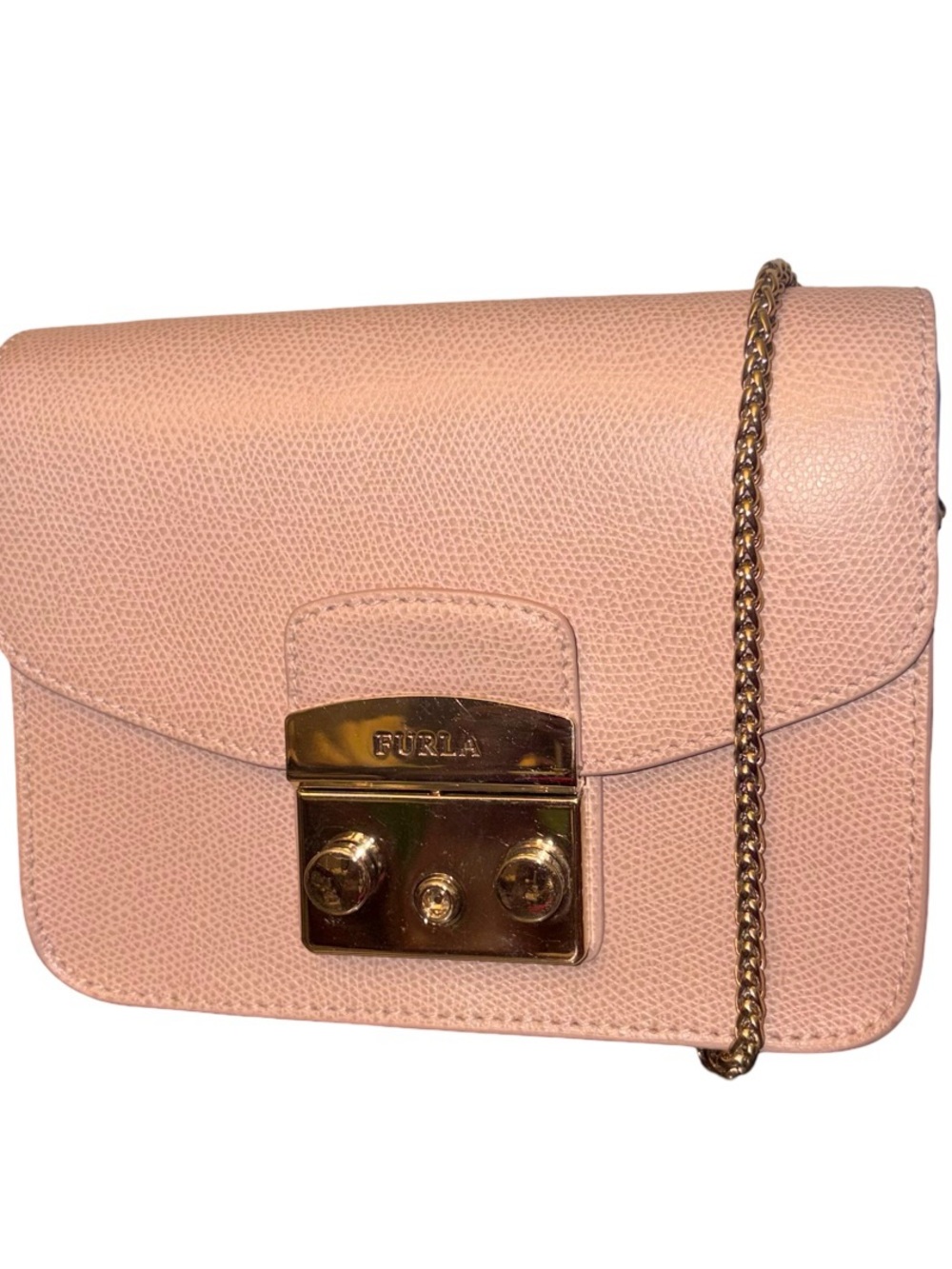 Furla Metropolis Leather Pink Beige Crossbody Shoulder Bag Silver Chain  Italy